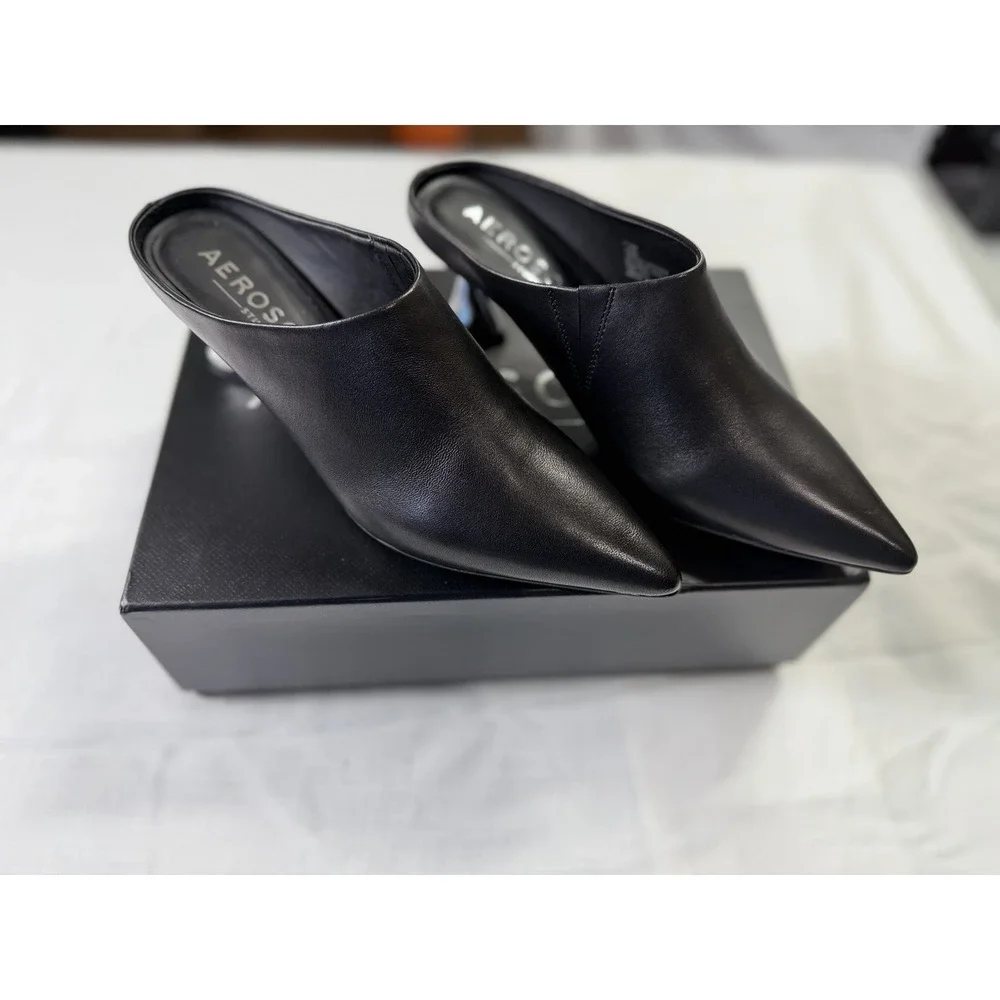 Aerosoles Black Leather Mule Heels Womens 7.5M Pointed Toe Slip On Shoes